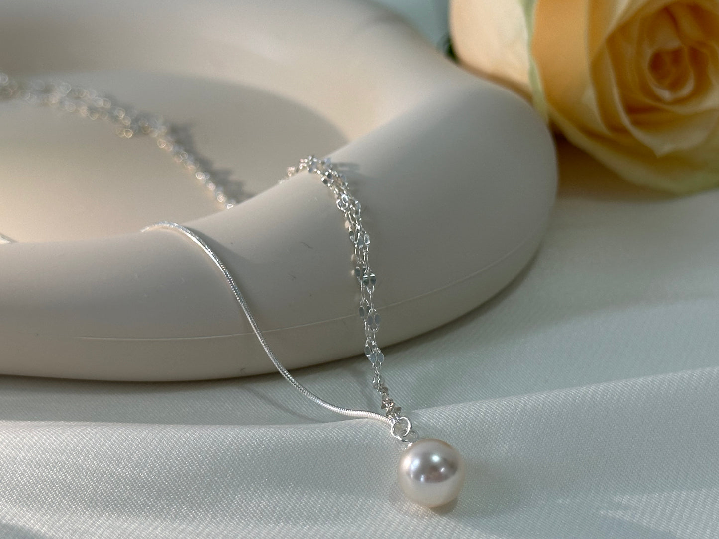 Korean-inspired Pearl & Snake Chain Necklace|925 Sterling Silver Layering Choker|Adjustable Dual Strand "Moonlit Serenade on Your Collarbone"