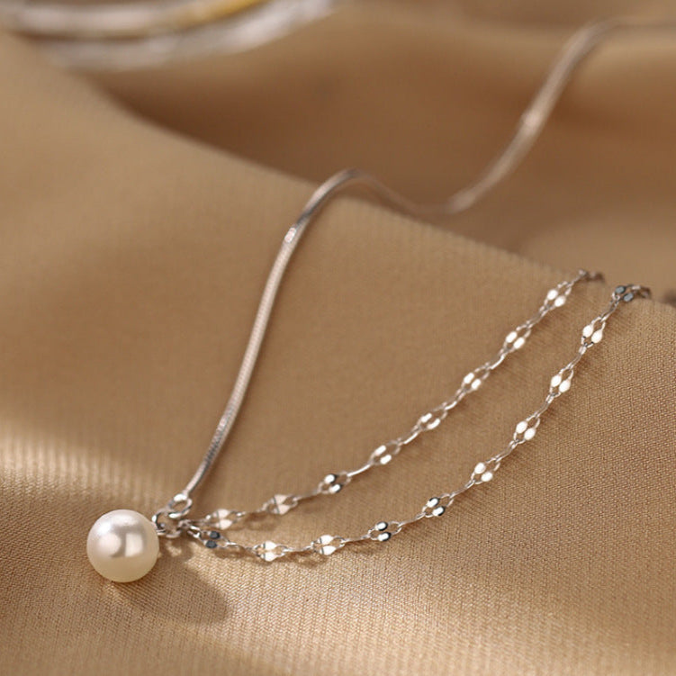 Korean-inspired Pearl & Snake Chain Necklace｜925 Sterling Silver Layering Choker｜Adjustable Dual Strand "Moonlit Serenade on Your Collarbone"